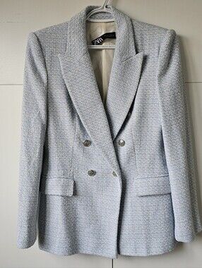NEW ZARA Tweed Blazer Jacket Coat Blue White